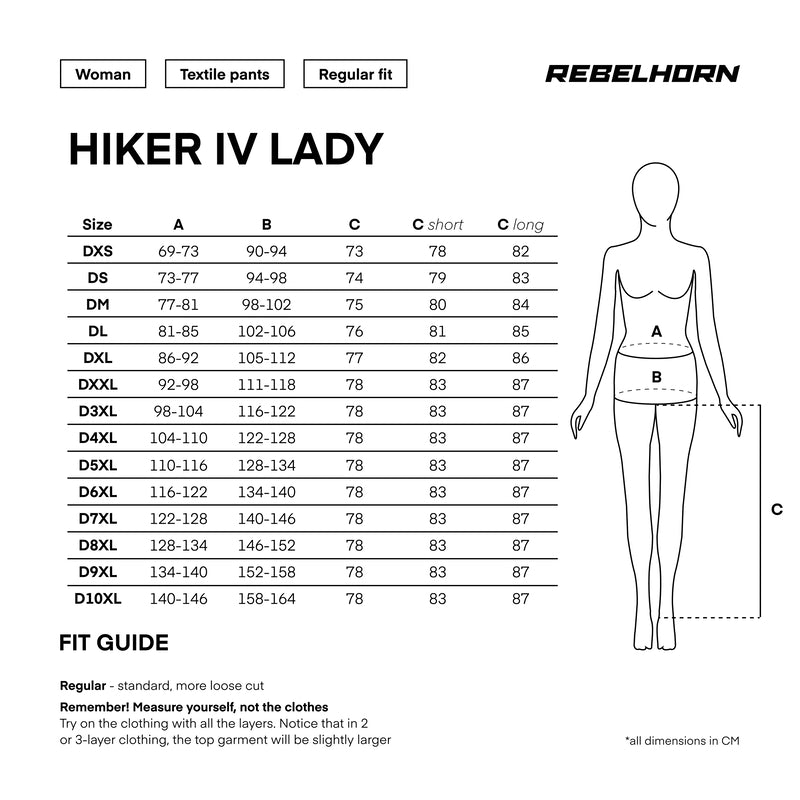 Storleksguide för Rebelhorn Dam Textil Mc-Byxor Hiker IV Svart, med mått och passform för olika storlekar.