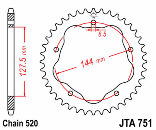 JT -Sprocks Standard -Stahl -Heck -Kettenrad 751 - 520 - erfordert einen Hecksprock -Träger von JT Sprock JTR751.38
