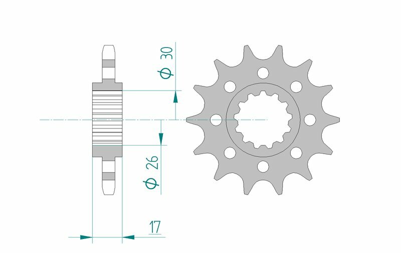 AFAM Steel Standard Framdrev 20615 - 525 i stål med 17 tänder. Teknisk ritning visar dimensioner och spline-detaljer för exakt passform.