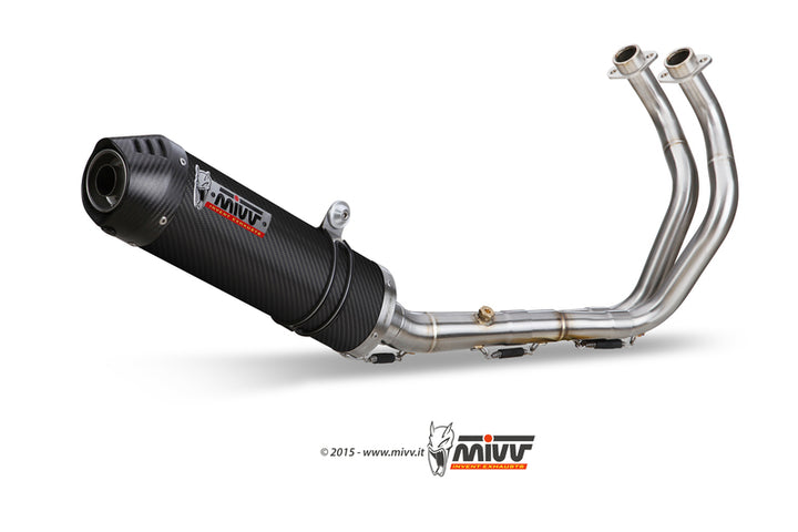 MIVV Oval Full Exhaust System Y.058.L3C i rostfritt stål och kolfiber, avsedd för Yamaha Tracer 700. Idealisk för fordonstillbehör och reservdelar.