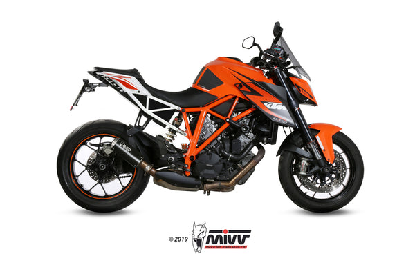 MIVV MK3 Stee Black ljuddämpare med rostfritt ståländstycke monterad på KTM 1290 Superduke 00.73.KT.014.LM3B, visad från sidan.