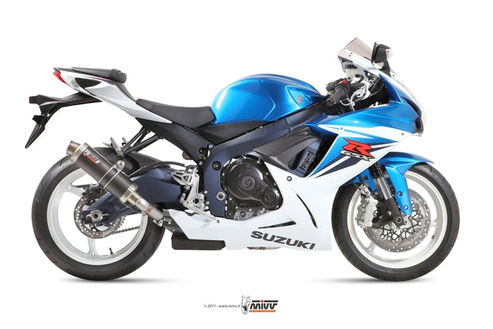 Sidovy av Suzuki GSX-R600 utrustad med MIVV GP Carbon Slip-On 00.73.S.036.L2S, idealisk inom kategorin fordonstillbehör och avgassystem.