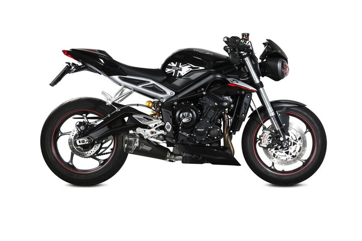 Sidovy av Triumph Street Triple R med MIVV Delta Race Silencer T.019.LDRB i svart stål och kolfiber. Perfekt passform för sportmotorcyklar.