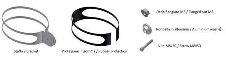 MIVV Mounting Kit för Oval Big Muffler 50.SC.KU.001.SX2 med fäste, gummiskydd, flänsmutter M8, aluminiumbricka och skruv M8x50. Perfekt reservdel för avgassystem.