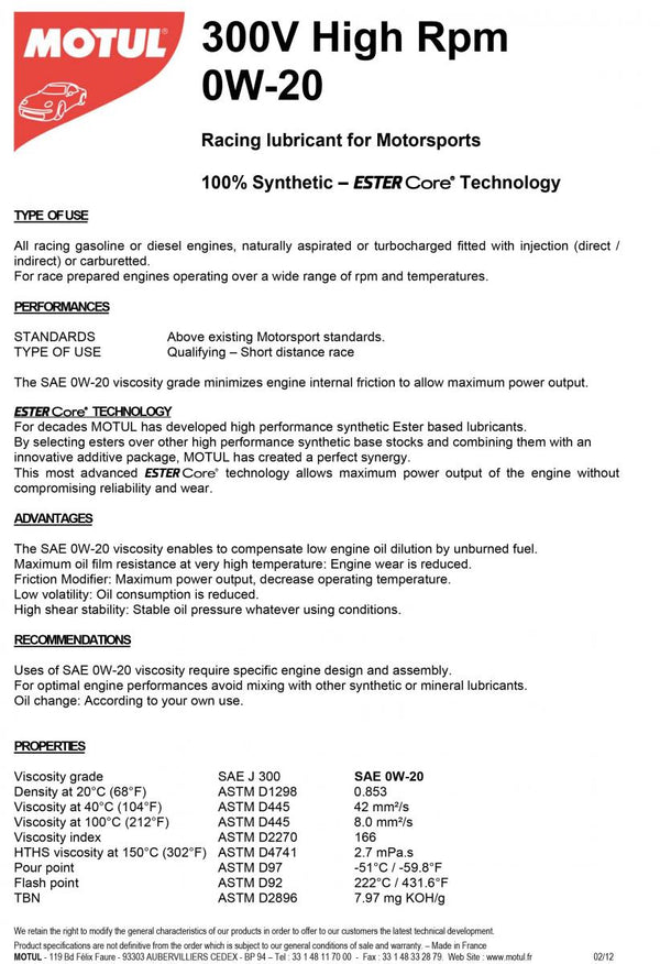 MOTUL 300 V RPM 0W20 2L (10 PCS/Karton)
