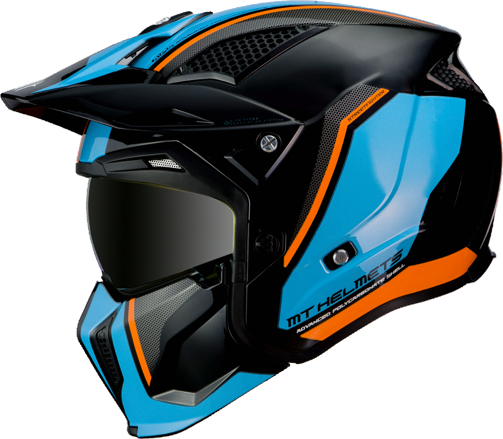 MT Helmets Streetfighter SV Twin med modern design i blått och orange, idealisk för säker och stilfull motorcykelkörning.