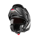 Schuberth E2 Explorer grå mc-hjälm i öppet läge, med integrerat solvisir och bekväm interiör för optimal säkerhet.