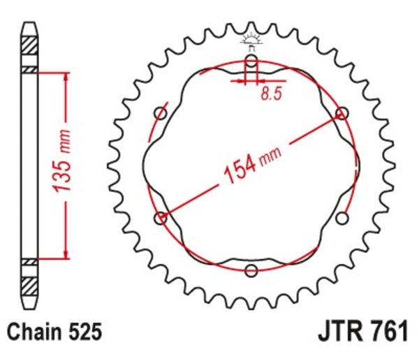 Der Stahlstandard von JT Sprock von Heckstock 761 - 525 - erfordert den hinteren Festwagenträger von JT -Festplatten JTR761.41
