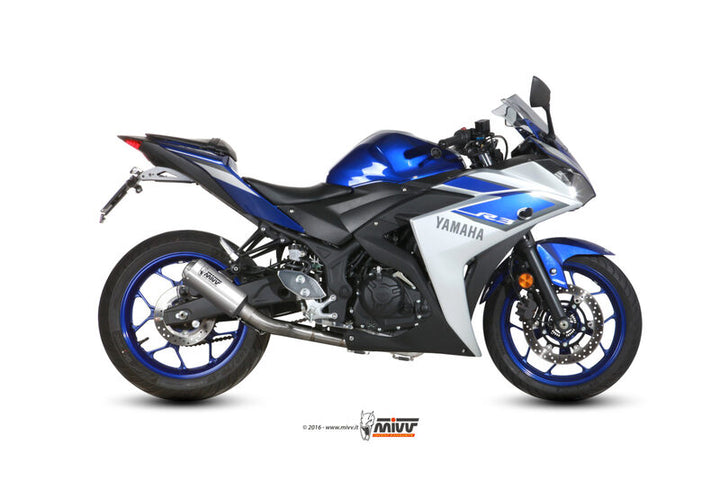 MIVV MK3 Full Exhaust System - Stainless Steel X.YA.0008.SM3X installerat på Yamaha R3, perfekt för prestanda och stil inom reservdelar och tillbehör.