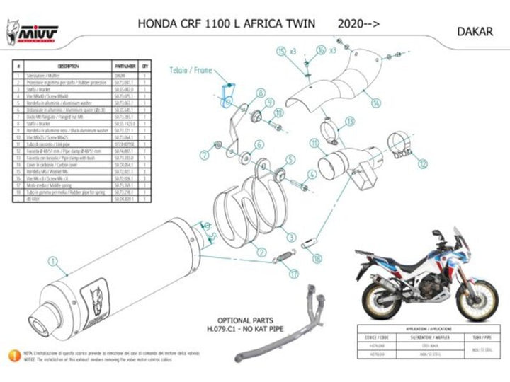 Exploderad vy av MIVV Dakar Silencer H.079.LEKB med monteringsdetaljer för Honda CRF 1100L Africa Twin 2020 och framåt. Reservdelar och tillbehör.