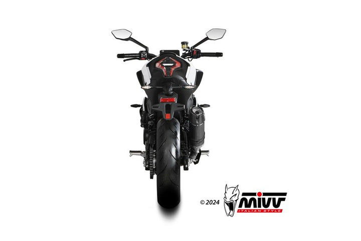 Bakre vy av motorcykel med MIVV AK-1 Silencer CF.004.LZK installerad, visar sportig stil och prestanda. För ACC. EXHAUST och reservdelar.