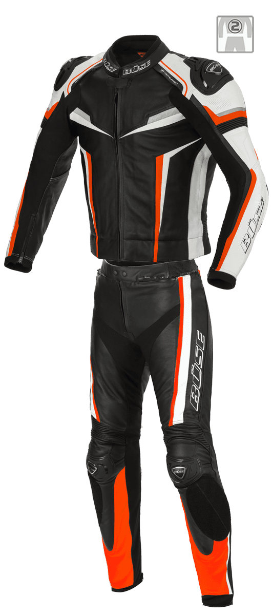 Buse Skinnställ 2-delat Mille i svart och orange med slitstarkt material och justerbar passform. Idealisk för motorcykelentusiaster.