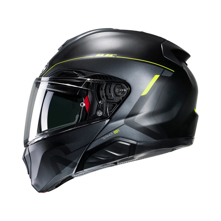 Sidovy av HJC Öppningsbar Mc-Hjälm RPHA 91 Combust Svart /Flu med tydliga linjer, visir och fluorescerande detaljer.