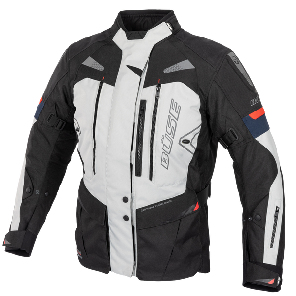 Buse Textil Mc-Jacka Monterey Grå med svart och vit design, justerbara ärmar och ventilationsdragkedjor fram. Perfekt för motorcykelåkning.