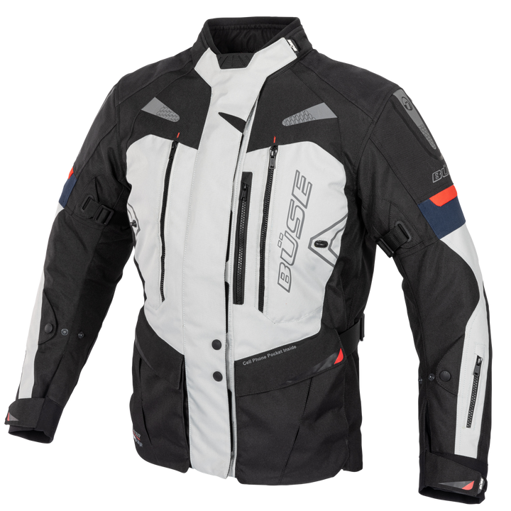 Buse Textil Mc-Jacka Monterey Grå med svart och vit design, justerbara ärmar och ventilationsdragkedjor fram. Perfekt för motorcykelåkning.