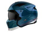 Sida av MT Helmets öppen mc-hjälm Streetfighter SV S Totem C17 i blått med aerodynamisk form och grafikdetaljer.