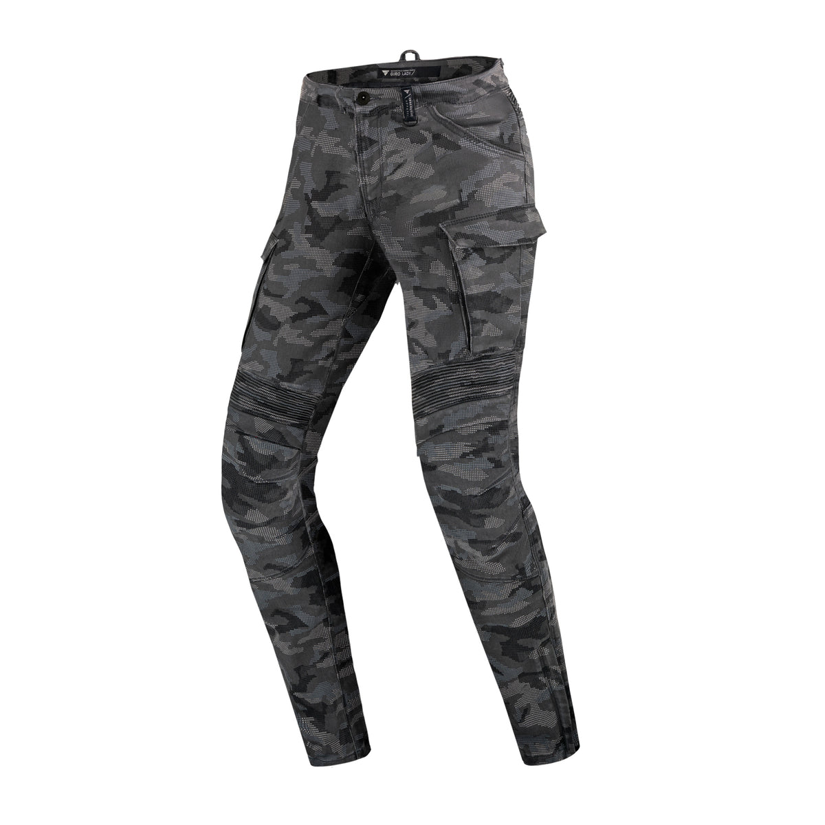 Shima Dam Kevlar Mc-Jeans Giro 2.0 Camo i grått kamouflagemönster, framifrån med detaljerade sömmar och förstärkningar.