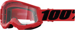 100% Goggles Strata 2 Red - Klar med röd ram och klar lins, designade för motocross och offroad. Justerbart band med 100%-logotyp för säker passform.