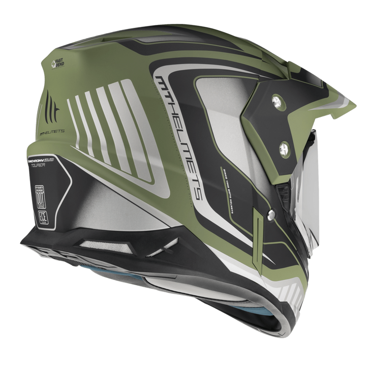 Sidovy av MT Helmets Adventure Mc-Hjälm Synchrony Military Green med aerodynamiska linjer och militärgrön färg. Säker och stilren för motorcyklister.