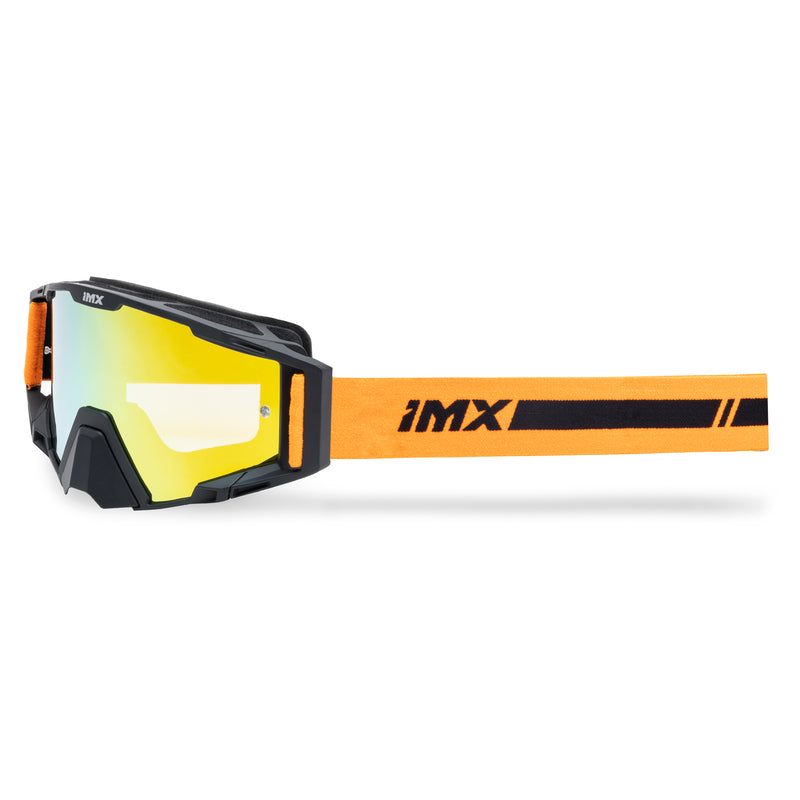 IMX Goggles Sand Black Matt med orange band och spegelglas, idealiska för motorcykelkörning och offroad-skydd.