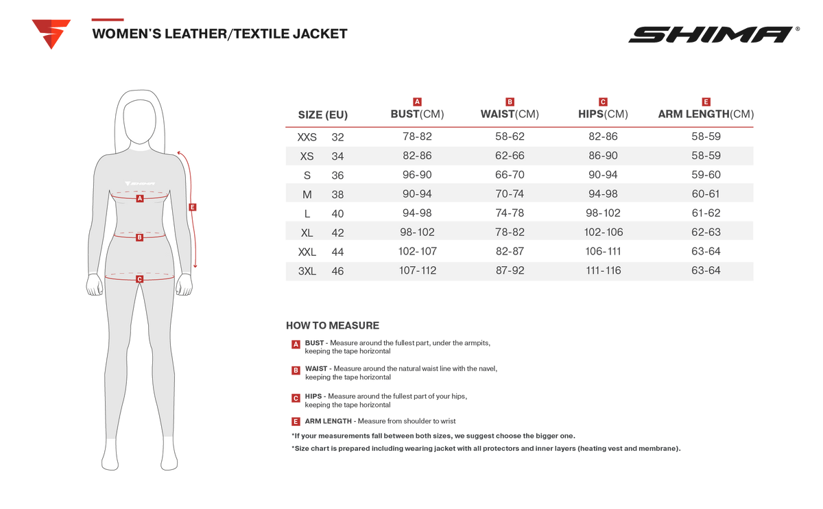 Storleksguide för Shima Dam Textil Mc-Jacka Drift Grå, med mått för byst, midja, höfter och ärmlängd för olika storlekar från XXS till 3XL.