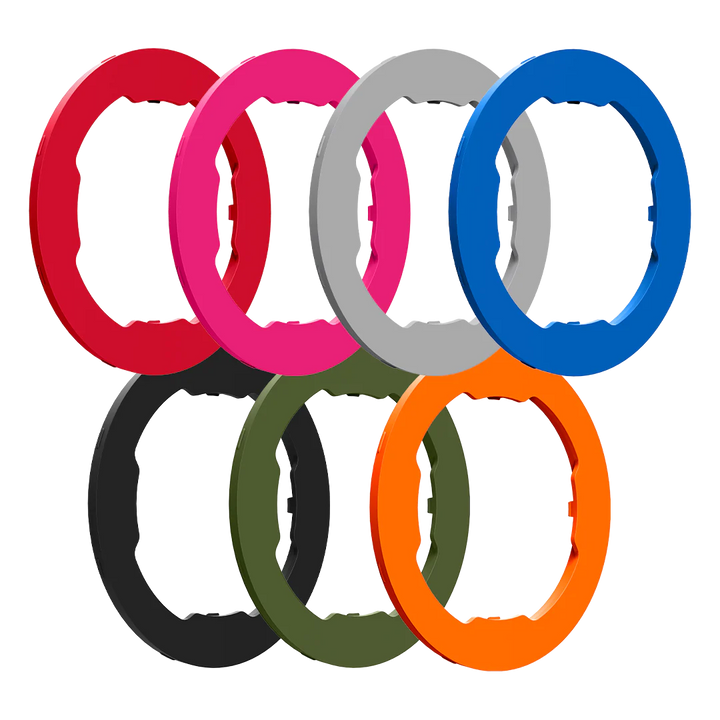 Quadlock MAG ringar i sju färger: rosa, grå, blå, svart, grön, orange och röd. Anpassa ditt mobilfodral med dessa utbytbara ringar.