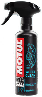 Motul Wheel Clean E3 400 ml sprayflaska för effektiv rengöring och glans av bilfälgar. Perfekt för fordonsunderhåll och vård.