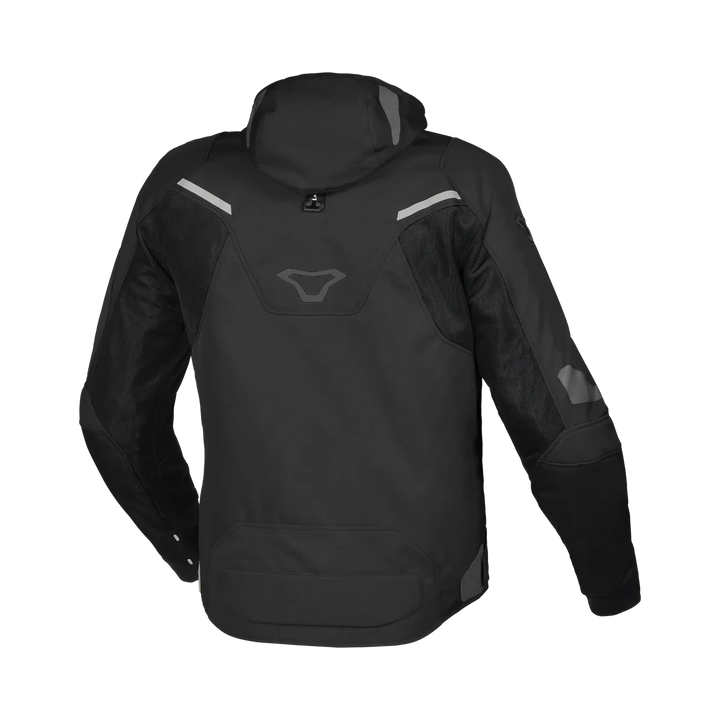 Macna Textil Mc-Jacka Beacon Svart med reflekterande detaljer och förstärkta paneler bak. Optimal för säkerhet och komfort.