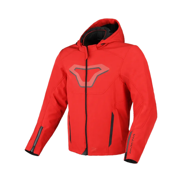 Macna Softshell Mc-Jacka Atracor Röd med CE-certifiering, tillverkad i softshell-material, framifrån med huva och dragkedja.