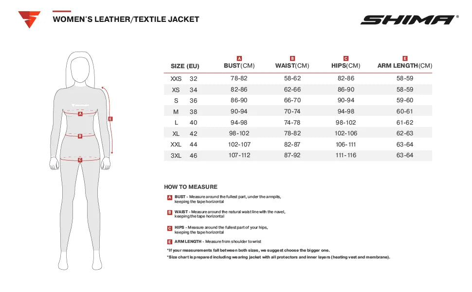 Storleksguide för Shima Dam Textil Mc-Jacka Rush 2.0 med mått för byst, midja, höfter och ärmlängd i centimeter.