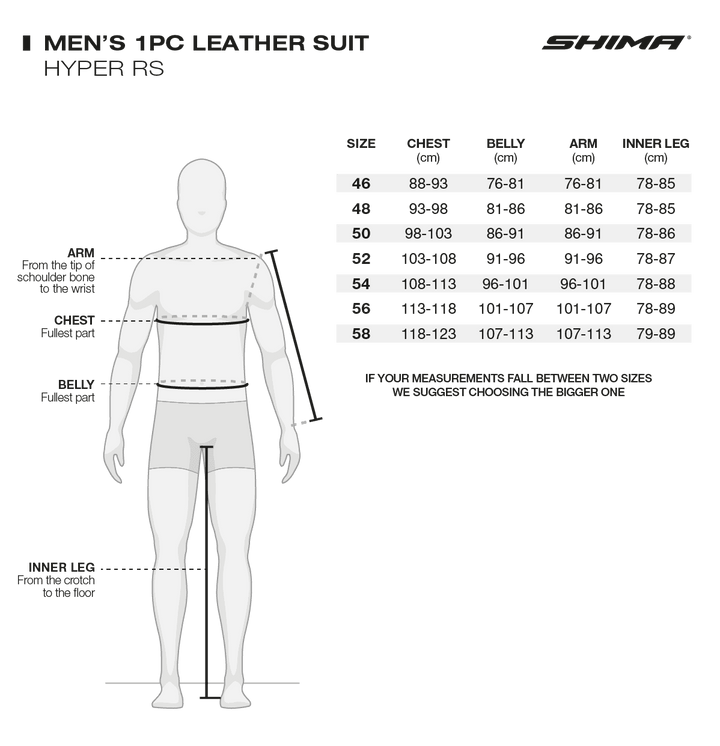 Storlekstabell för Shima Hyper-RS 1-delat skinnställ med mått för bröst, mage, arm och innerben. Hjälp för att välja rätt storlek.