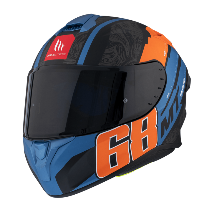 MT Helmets Integral Mc-Hjälm Targo Pro Welcome Orange med modern design i blått, orange och svart, visir och aerodynamisk form.