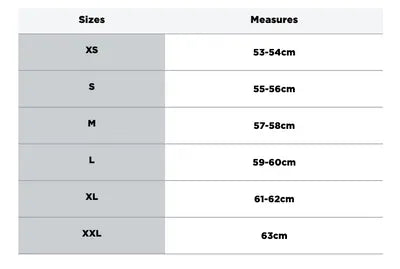 Storlekstabell för HJC Integral Mc-Hjälm F70 Carbon Kesta Grå/Svart, med mått från XS (53-54 cm) till XXL (63 cm) för perfekt passform.