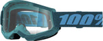 100% Goggles Strata 2 Stone - Klar med klar lins och blå ram, designad för motocross och offroadskydd. Justerbart band med 100%-logotyp.