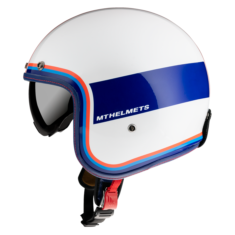 MT Helmets öppen mc-hjälm Le Mans Tant D15 med retroinspirerad vit bas, blå och orange ränder samt logotyp på sidan.