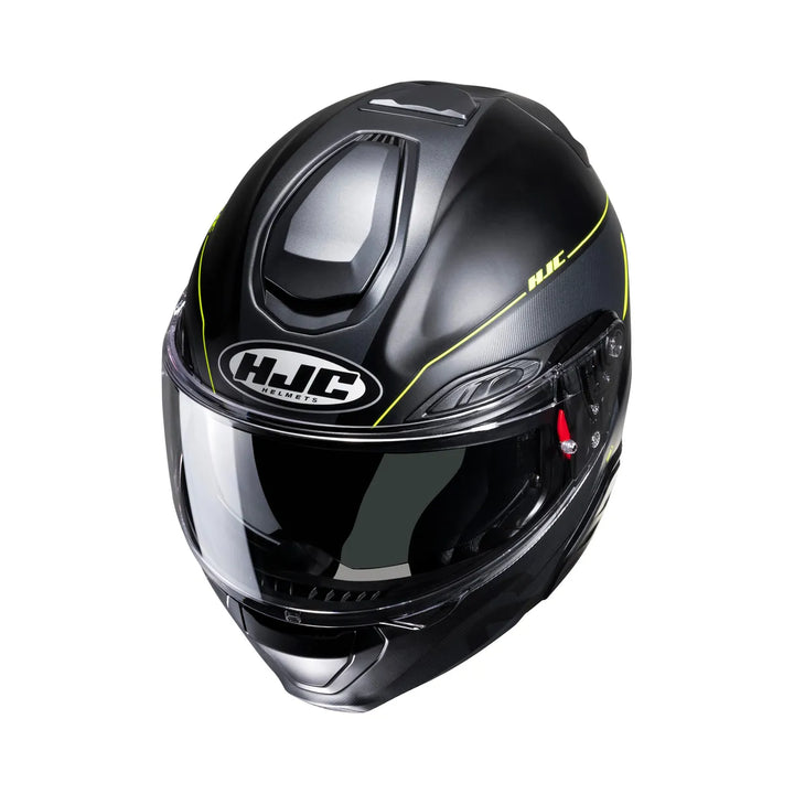 Framsidan av HJC Öppningsbar Mc-Hjälm RPHA 91 Combust Svart /Flu med integrerat visir och fluorescerande linjer för stadskörning.