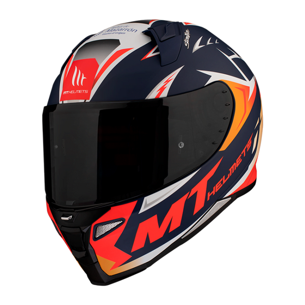 MT Helmets Integral Mc-Hjälm Revenge 2 Acosta Blå med aerodynamisk design, mörkt visir och färgstarka blå, röda och orange detaljer.
