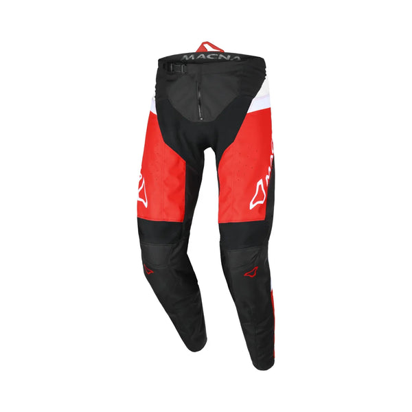 Macna Crossbyxor Backyard Röd med svart och vitt mönster, designade för motocross med slitstarka material och flexibel passform.