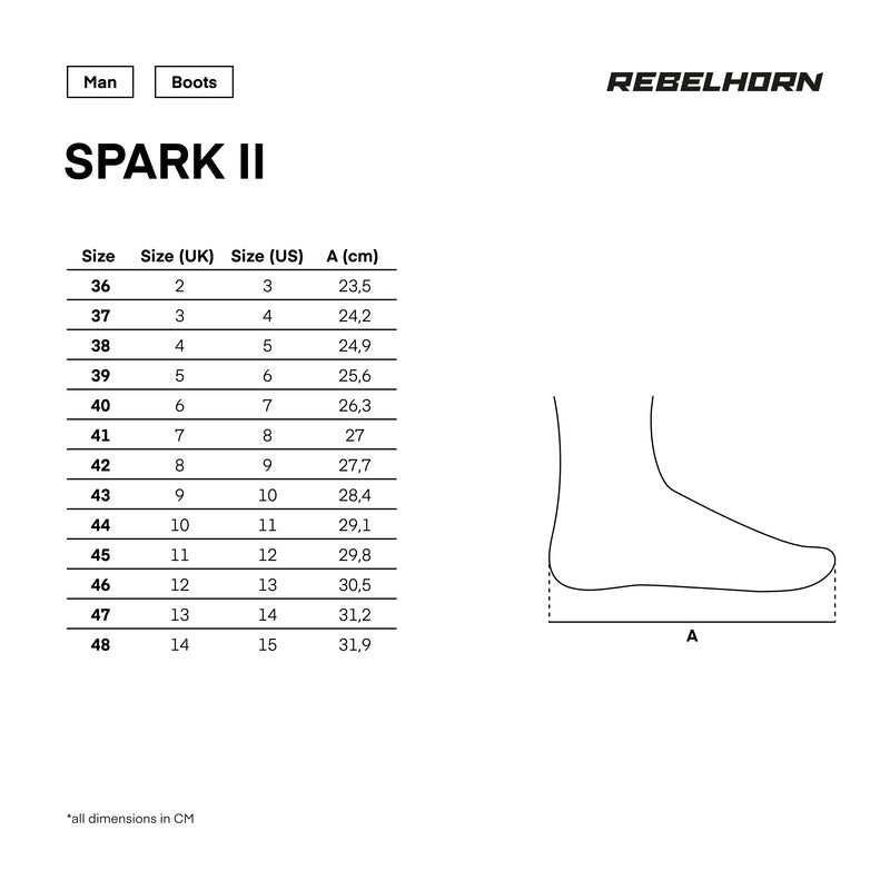 Storleksguide för Rebelhorn Unisex Mc-Skor Spark II Svart med mått i centimeter för storlekar 36 till 48.