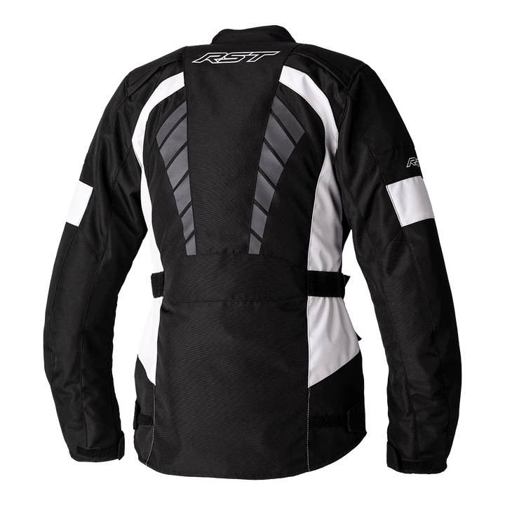Baksida av RST Dam Textil Mc-Jacka Alpha 5 i svart och vitt. Ergonomisk design med ventilationspaneler och förstärkta sömmar för extra hållbarhet.