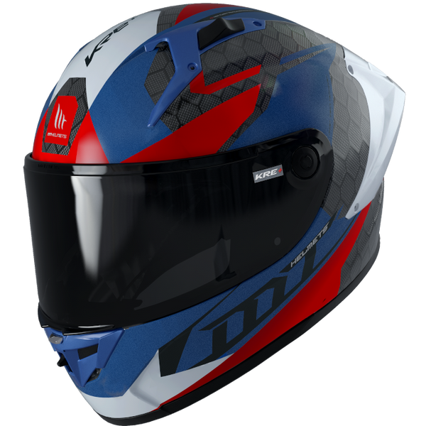 MT Helmets Integral Mc-Hjälm Kre+ Carbon Projectile D7 med aerodynamisk design i blått, rött och vitt med kolfibermönster, storlek XS-XXL.