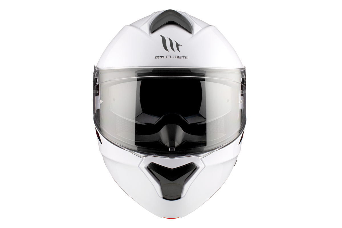 MT Helmets öppningsbar mc-hjälm Genesis SV vit, framifrån med klart visir och aerodynamisk form. Säker och stilren hjälm för motorcykel.