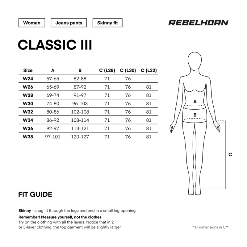 Storleksguide för Rebelhorn Dam Kevlar Mc-Jeans Classic III Svart med mått för midja, höft och längd. Passform och storlekar för optimal komfort.