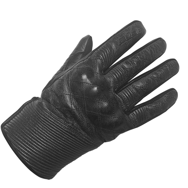 BÜSE Mc-Handskar Drifter Svart i svart läder med quiltad design och ribbad manschett, idealiska för motorcyklister som söker stil och skydd.